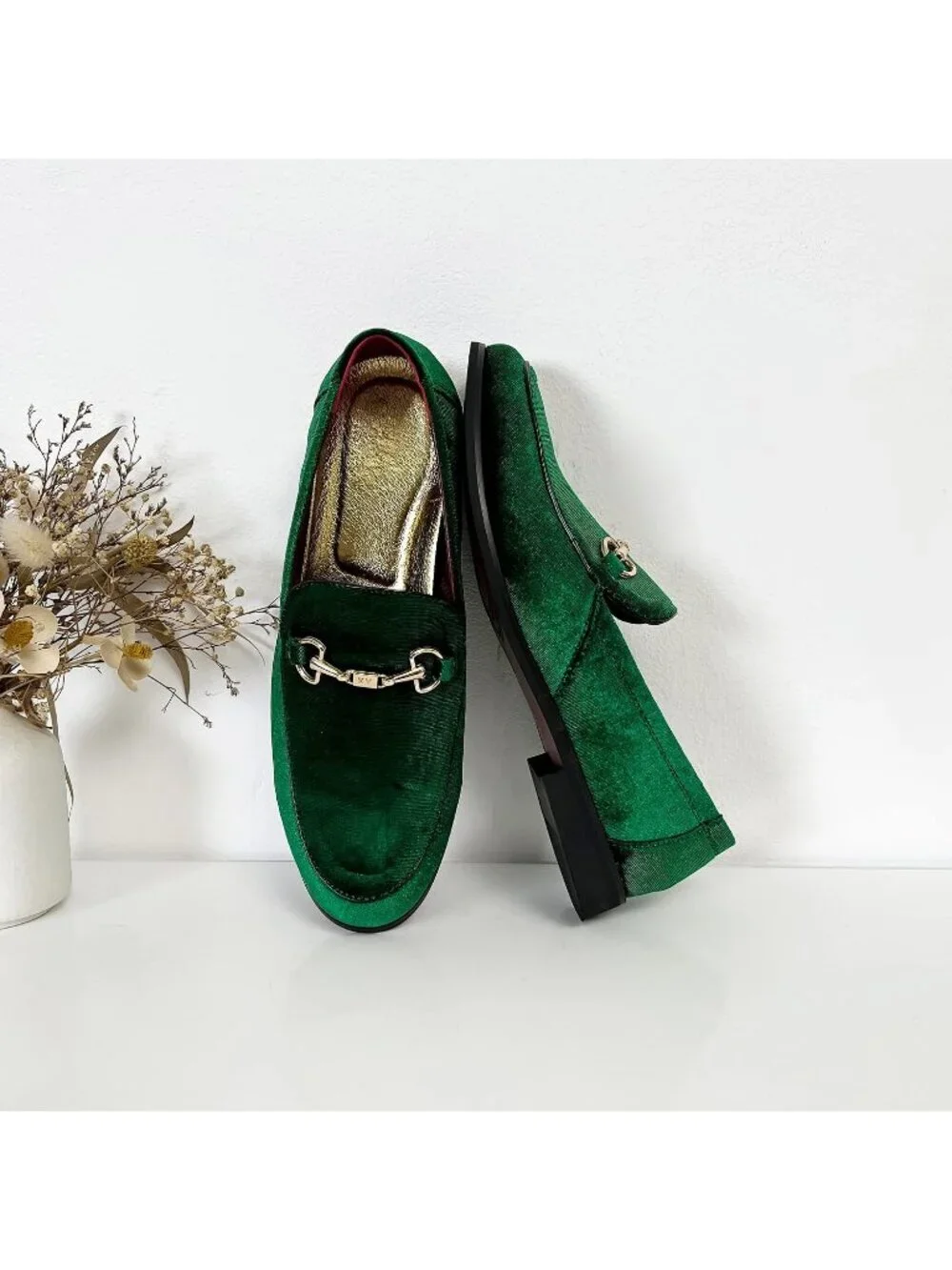 LCQL Men's Grass Green Leather Velvet Loafer Gold Buckle Slip On Luxury Shoes